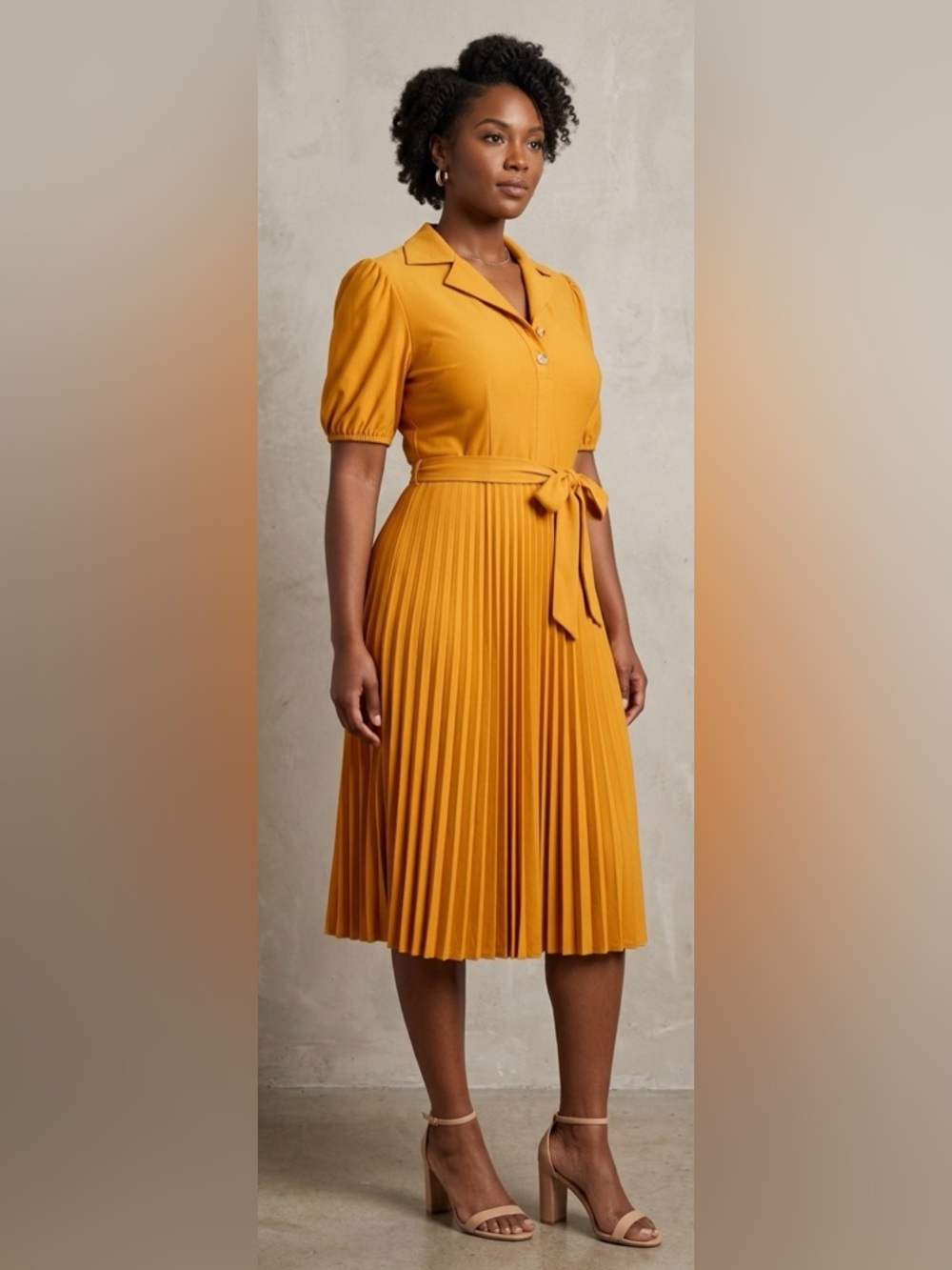 Sharagano Mustard Yellow Pleated Midi Shirt Dress - Size 6